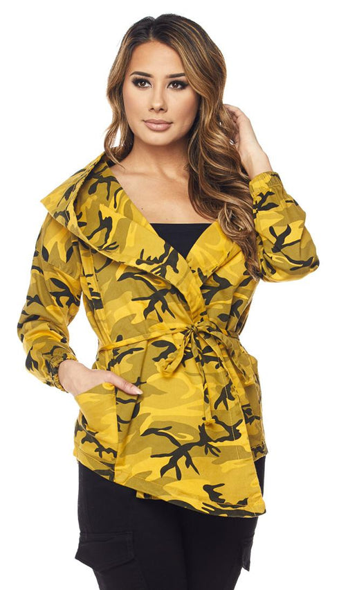 Yellow Camouflage Draped Hooded Jacket - SohoGirl.com